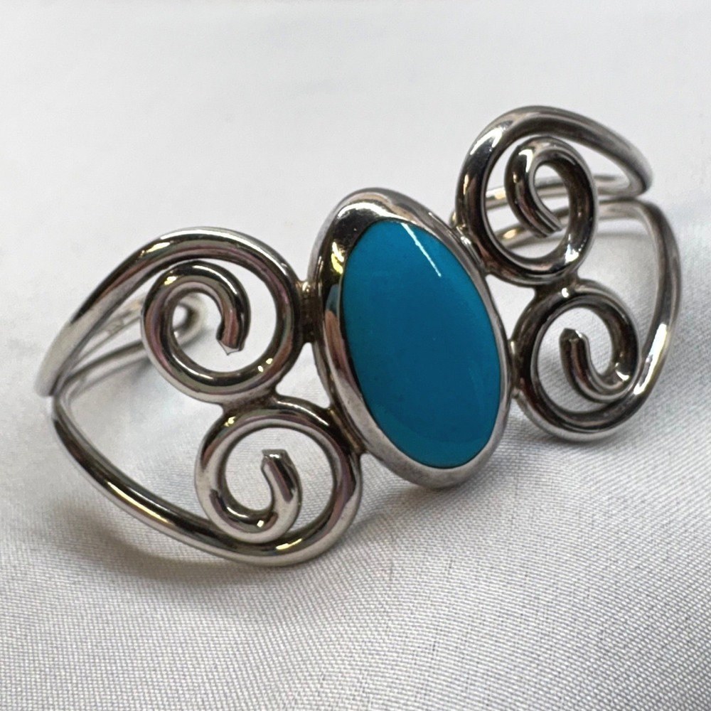 Vintage 950 Silver Enamel Scroll Cuff Bracelet Womens OS Blue Good Filigree